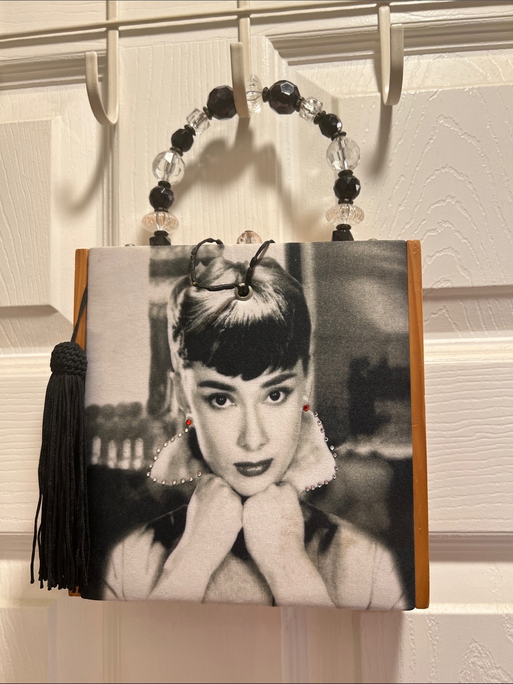 Black & White Audrey Hepburn Portrait Handbag with Beaded Handle